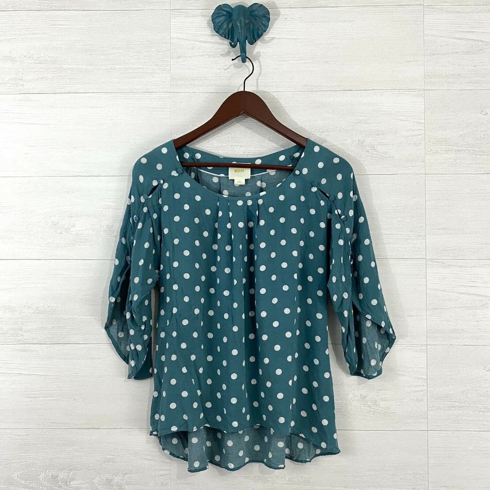 Maeve Anthro Dusty Blue Polka Dot Blouse - Picture 1 of 7